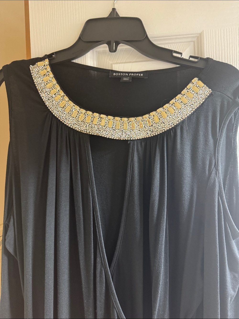 Boston Proper Black Top with Gold & Clear Beaded Collar